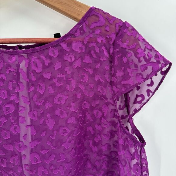 WHBM Top Large Women's Purple Sheer Leopard Print Burnout Shorts Sleeve Hi-Lo - Picture 4 of 10